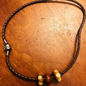 Pandora single strand leather bracelet & 3 charms